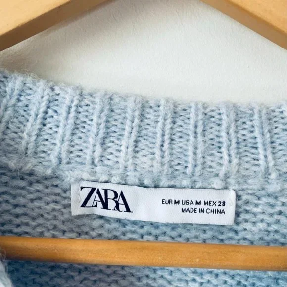 Zara Soft Feel Knit Sweater Crewneck Wool Alpaca Blend Pullover Light Blue Sz M - Picture 6 of 7